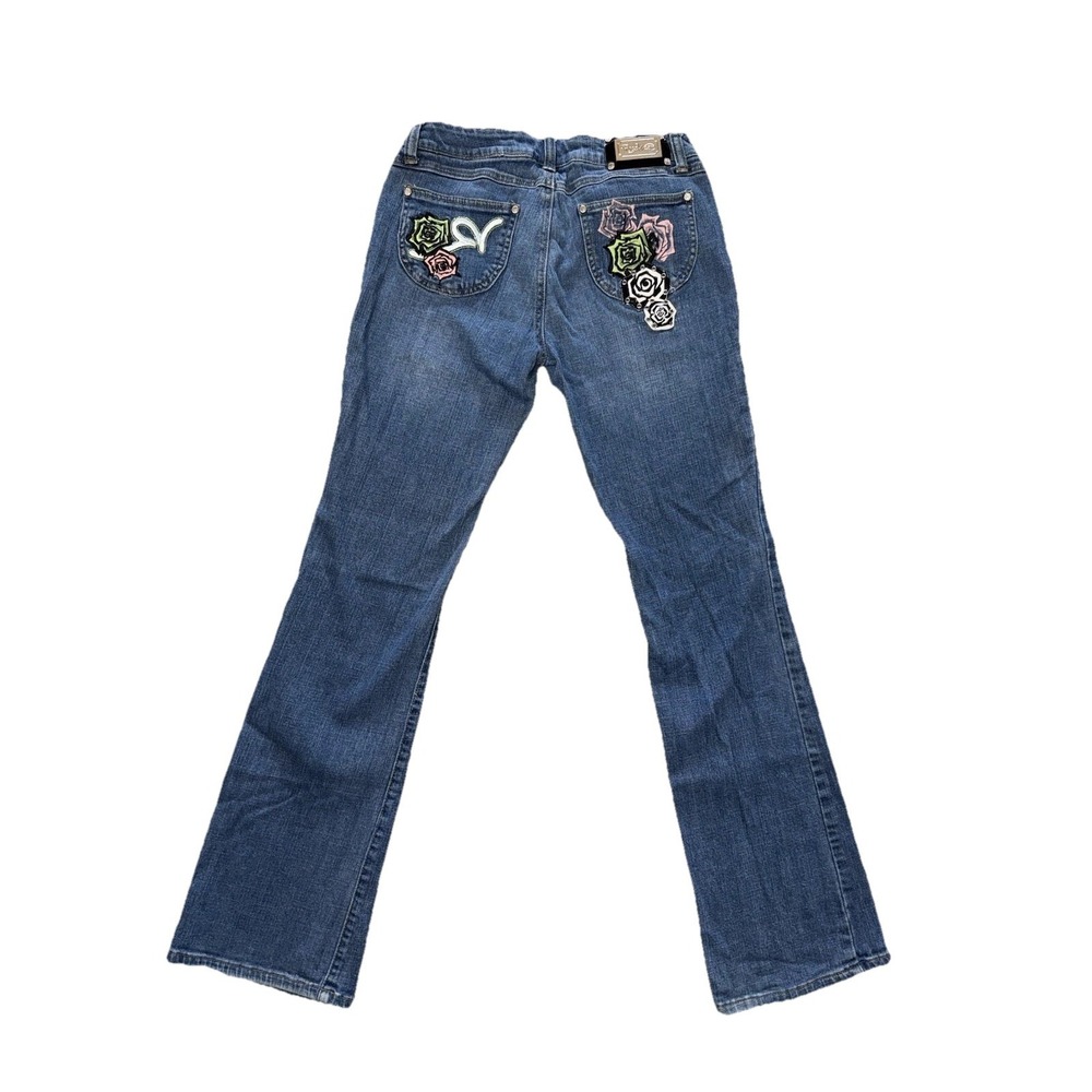 ROCAWEAR Low-Rise Floral Embroidered Patches Bootcut Blue Jeans Size 7 Y2K VTG